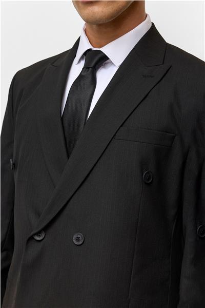 Siyah Regular Çizgili Kruvaze Yaka 6 Drop Takım Elbise