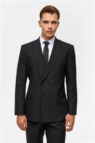 Siyah Regular Çizgili Kruvaze Yaka 6 Drop Takım Elbise