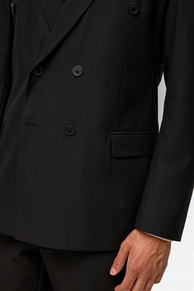 Siyah Regular Çizgili Kruvaze Yaka 6 Drop Takım Elbise