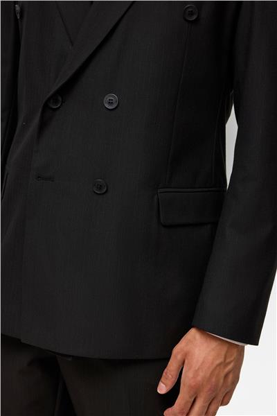 Siyah Regular Çizgili Kruvaze Yaka 6 Drop Takım Elbise