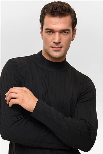 Siyah Regular Desenli Bisiklet Yaka Triko Kazak