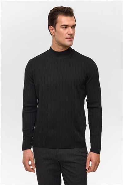 Siyah Regular Desenli Bisiklet Yaka Triko Kazak