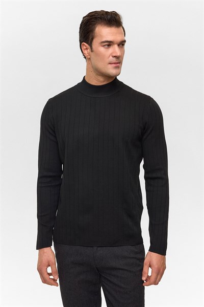 Siyah Regular Desenli Bisiklet Yaka Triko Kazak