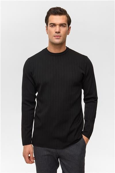 Siyah Regular Desenli Bisiklet Yaka Triko Kazak