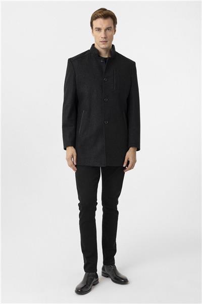 Siyah Regular Desenli Hakim Yaka Kaban