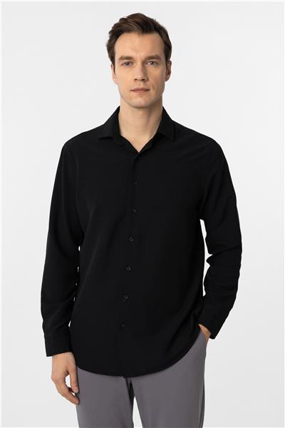 Siyah Regular Fit Desenli Klasik Yaka Gömlek