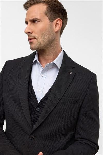 Siyah Regular Desenli Mono Yaka 6 Drop Ceket