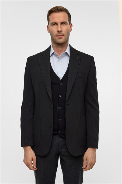 Siyah Regular Desenli Mono Yaka 6 Drop Ceket