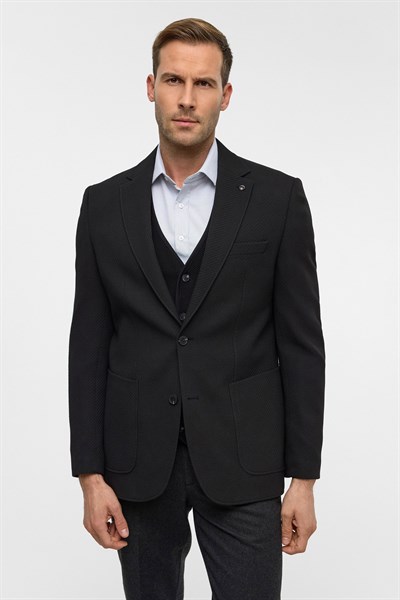 Siyah Regular Desenli Mono Yaka 6 Drop Ceket