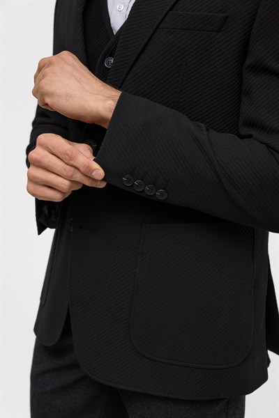 Siyah Regular Desenli Mono Yaka 6 Drop Ceket