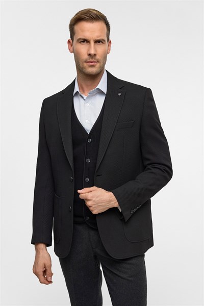 Siyah Regular Desenli Mono Yaka 6 Drop Ceket