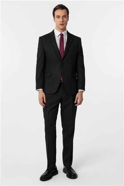 Siyah Regular Desenli Sivri Yaka 4 Drop Klasik Takım Elbise