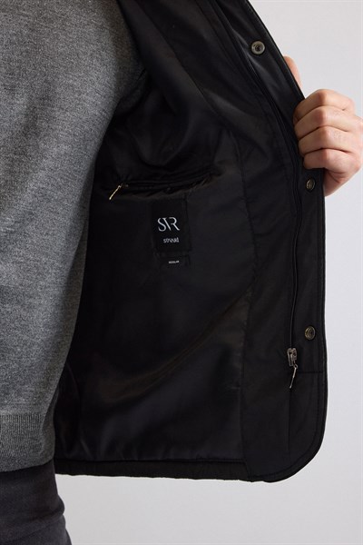 Siyah Regular Dik Yaka Baklava Yan Cepli Fermuar + Çıtçıt Elyaf Dolgulu Standart Mont