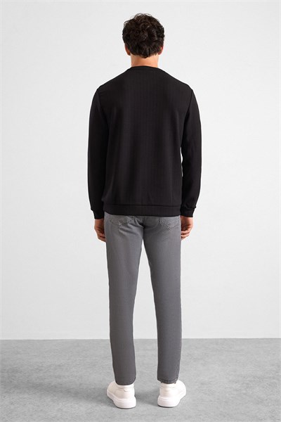 Siyah Regular Dikey Çizgili Baskısız Jakarlı Bisiklet Yaka Cepsiz Düz Sweatshirt