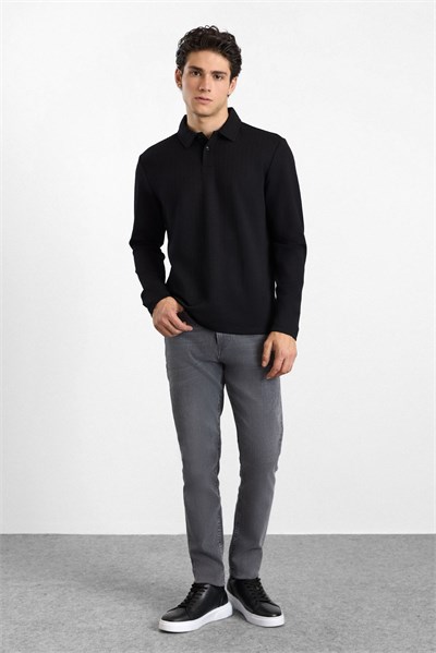Siyah Regular Dikey Çizgili Baskısız Jakarlı V Pat Polo Yaka Cepsiz Sweatshirt