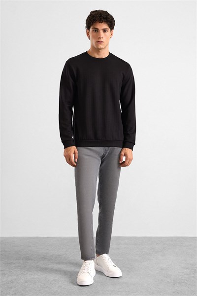 Siyah Regular Dikey Çizgili Baskısız Jakarlı Bisiklet Yaka Cepsiz Düz Sweatshirt