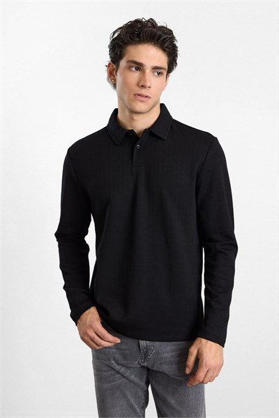 Siyah Regular Dikey Çizgili Baskısız Jakarlı V Pat Polo Yaka Cepsiz Sweatshirt