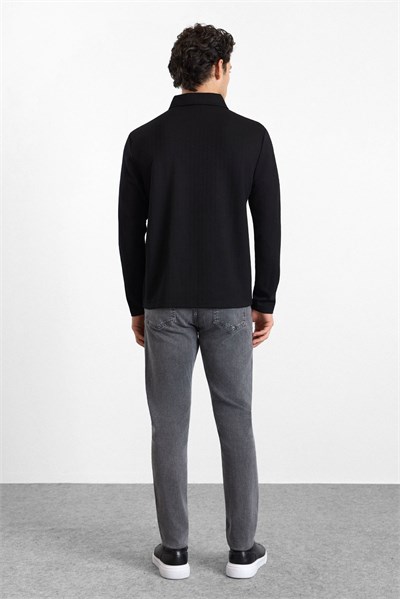 Siyah Regular Dikey Çizgili Baskısız Jakarlı V Pat Polo Yaka Cepsiz Sweatshirt