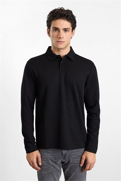 Siyah Regular Dikey Çizgili Baskısız Jakarlı V Pat Polo Yaka Cepsiz Sweatshirt