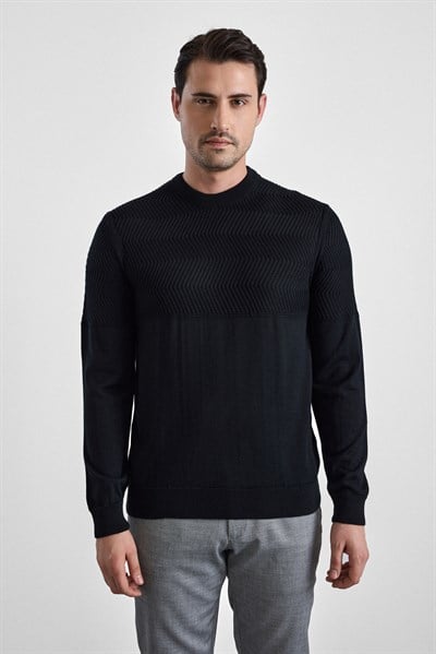 Siyah Regular Dikey Çizgili Bisiklet Yaka Kazak