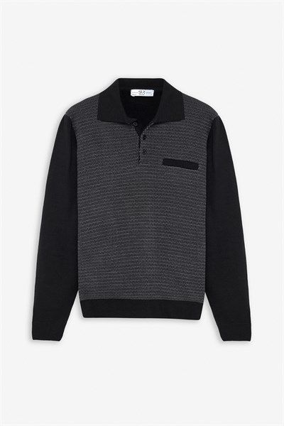 Siyah Regular Düğmeli Polo Yaka Kazak