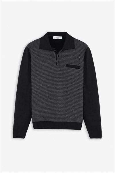 Siyah Regular Düğmeli Polo Yaka Kazak