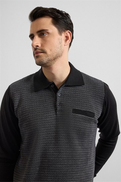 Siyah Regular Düğmeli Polo Yaka Kazak