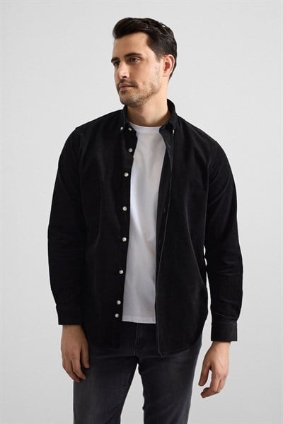 Siyah Regular Düğmeli Yaka Casual Gömlek