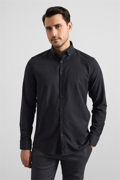 Siyah Regular Düğmeli Yaka Düz Cepsiz Casual Gömlek