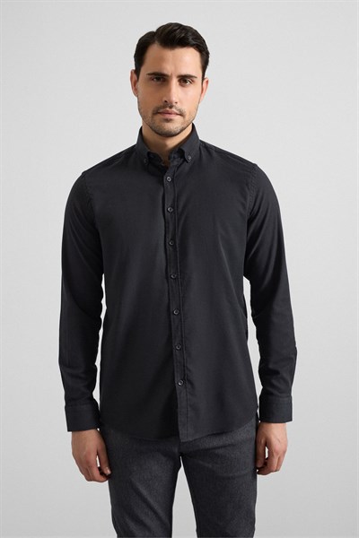 Siyah Regular Düğmeli Yaka Düz Cepsiz Casual Gömlek