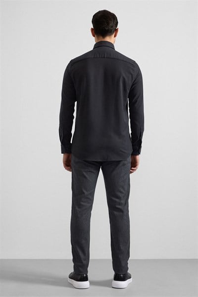 Siyah Regular Düğmeli Yaka Düz Cepsiz Casual Gömlek