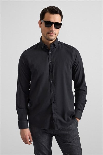 Siyah Regular Düğmeli Yaka Düz Cepsiz Casual Gömlek
