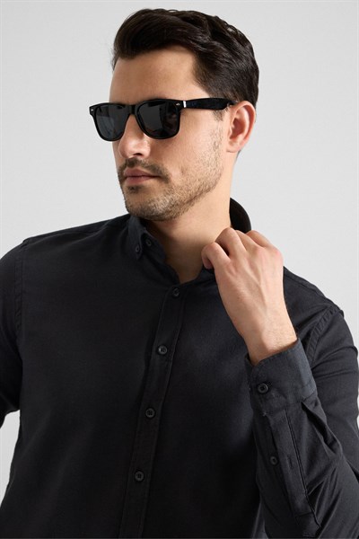 Siyah Regular Düğmeli Yaka Düz Cepsiz Casual Gömlek