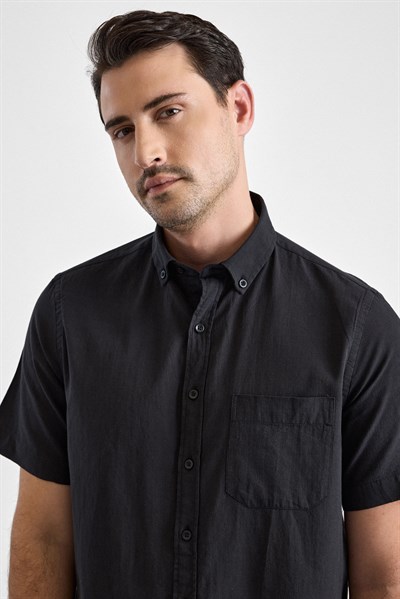 Siyah Regular Düğmeli Yaka Düz Kısa Kollu Casual Gömlek