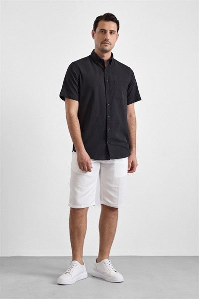 Siyah Regular Düğmeli Yaka Düz Kısa Kollu Casual Gömlek