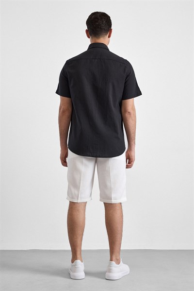 Siyah Regular Düğmeli Yaka Düz Kısa Kollu Casual Gömlek