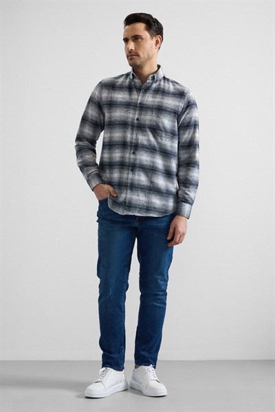 Siyah Regular Düğmeli Yaka Kareli Casual Gömlek