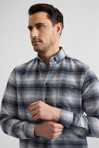 Siyah Regular Düğmeli Yaka Kareli Casual Gömlek