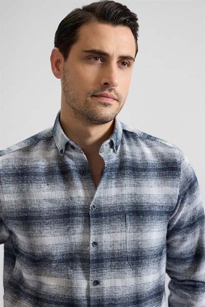 Siyah Regular Düğmeli Yaka Kareli Casual Gömlek