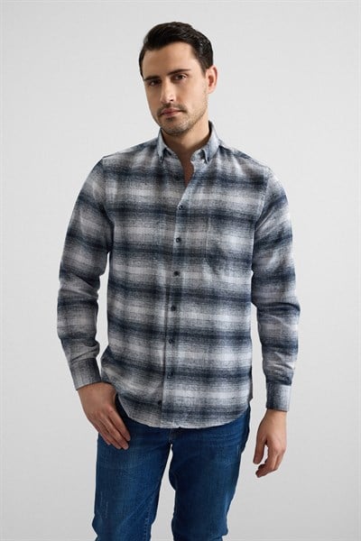 Siyah Regular Düğmeli Yaka Kareli Casual Gömlek