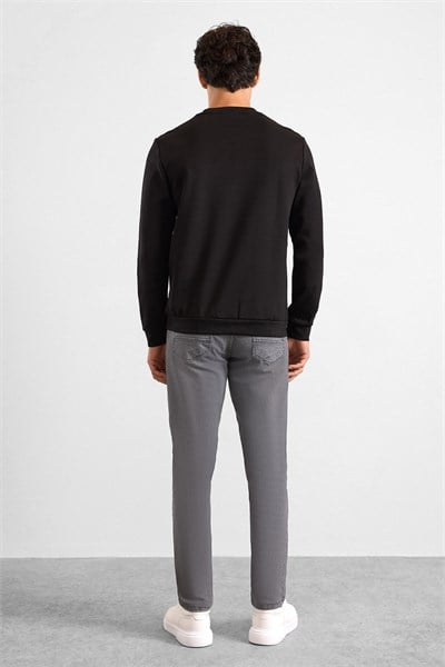 Siyah Regular Düz Baskılı İnterlok Bisiklet Yaka Cepsiz Düz Sweatshirt
