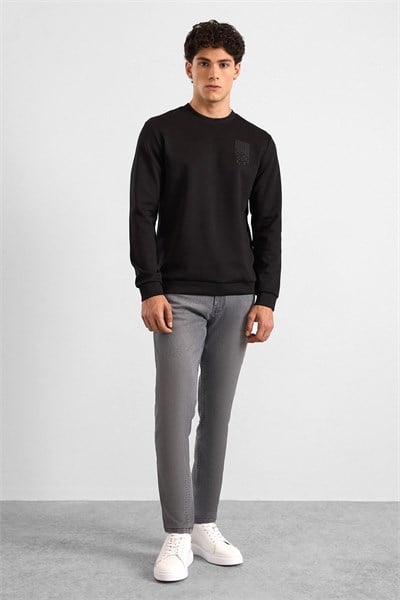 Siyah Regular Düz Baskılı İnterlok Bisiklet Yaka Cepsiz Düz Sweatshirt