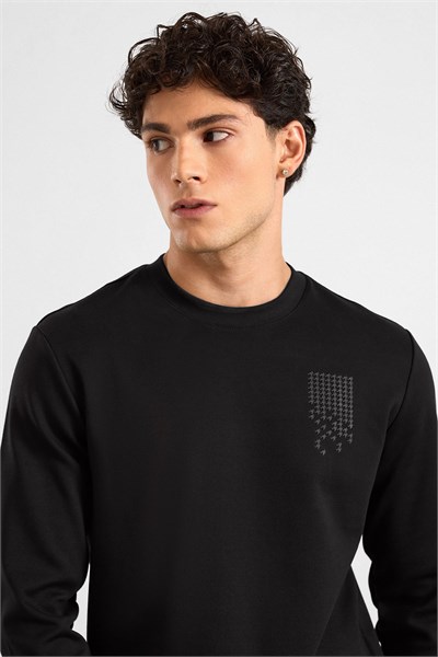 Siyah Regular Düz Baskılı İnterlok Bisiklet Yaka Cepsiz Düz Sweatshirt