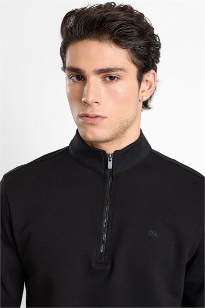 Siyah Regular Düz Baskılı İnterlok Dik Yaka Cepsiz Sweatshirt