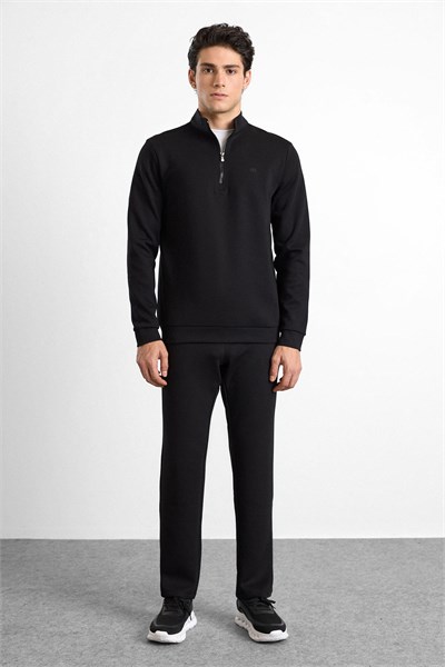 Siyah Regular Düz Baskılı İnterlok Dik Yaka Cepsiz Sweatshirt