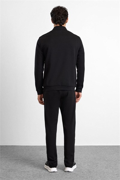 Siyah Regular Düz Baskılı İnterlok Dik Yaka Cepsiz Sweatshirt
