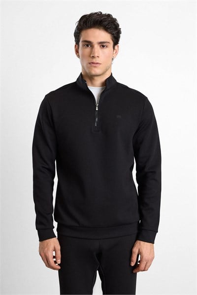 Siyah Regular Düz Baskılı İnterlok Dik Yaka Cepsiz Sweatshirt