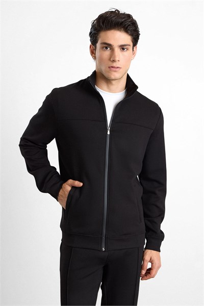 Siyah Regular Düz Baskılı İnterlok Fermuarlı Dik Yaka Cepli Sweatshirt