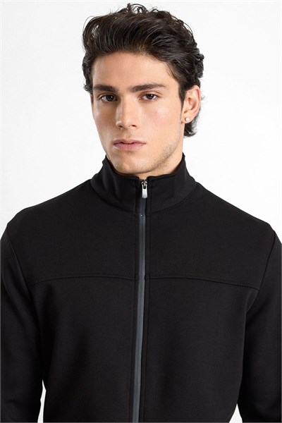 Siyah Regular Düz Baskılı İnterlok Fermuarlı Dik Yaka Cepli Sweatshirt