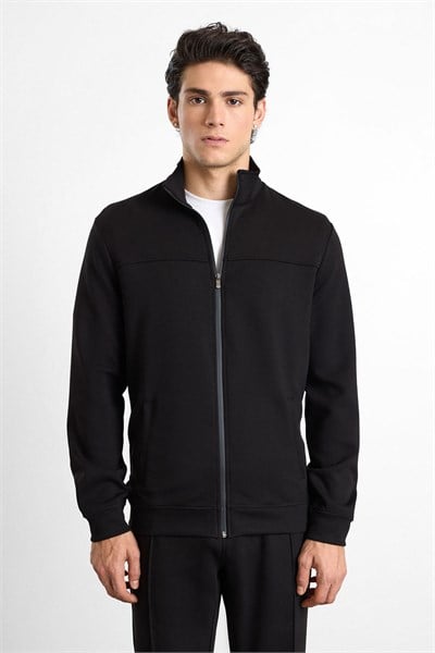 Siyah Regular Düz Baskılı İnterlok Fermuarlı Dik Yaka Cepli Sweatshirt